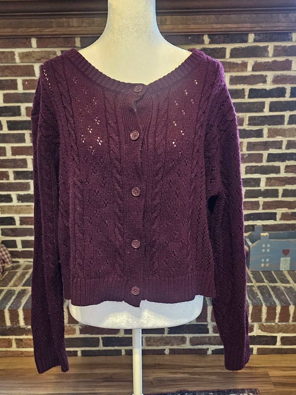 Celebrity Pink Wine Cable Knit Button-Up Cardigan